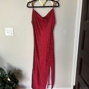 Red and white polka dot bias cut slip dress
